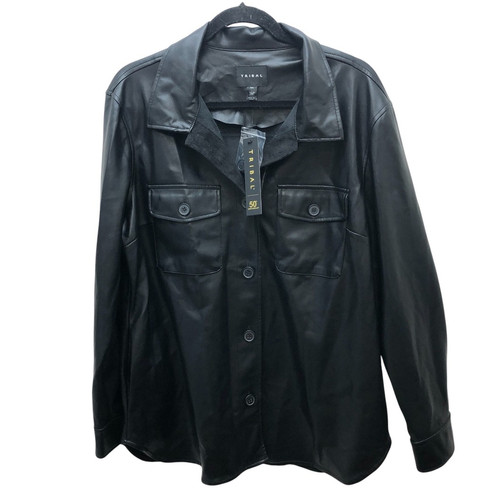 Tribal Jacket Womens Large Faux Leather Button Up Shacket‎ Pockets NWT